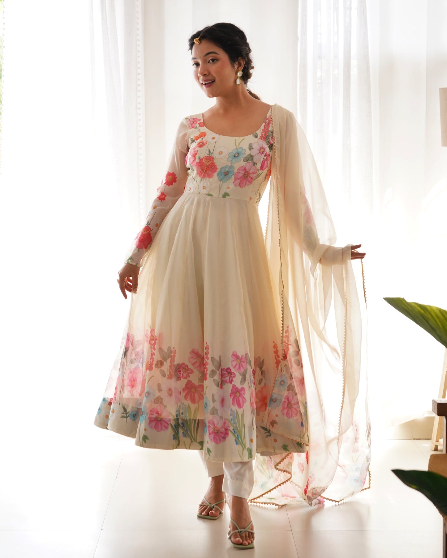 Lehenga Mart Designer Anarkali Suit With Kurta Pant Dupatta For Women-Cream