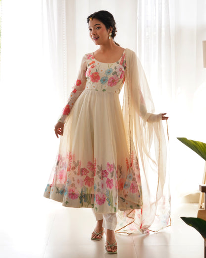 Lehenga Mart Designer Anarkali Suit With Kurta Pant Dupatta For Women-Cream