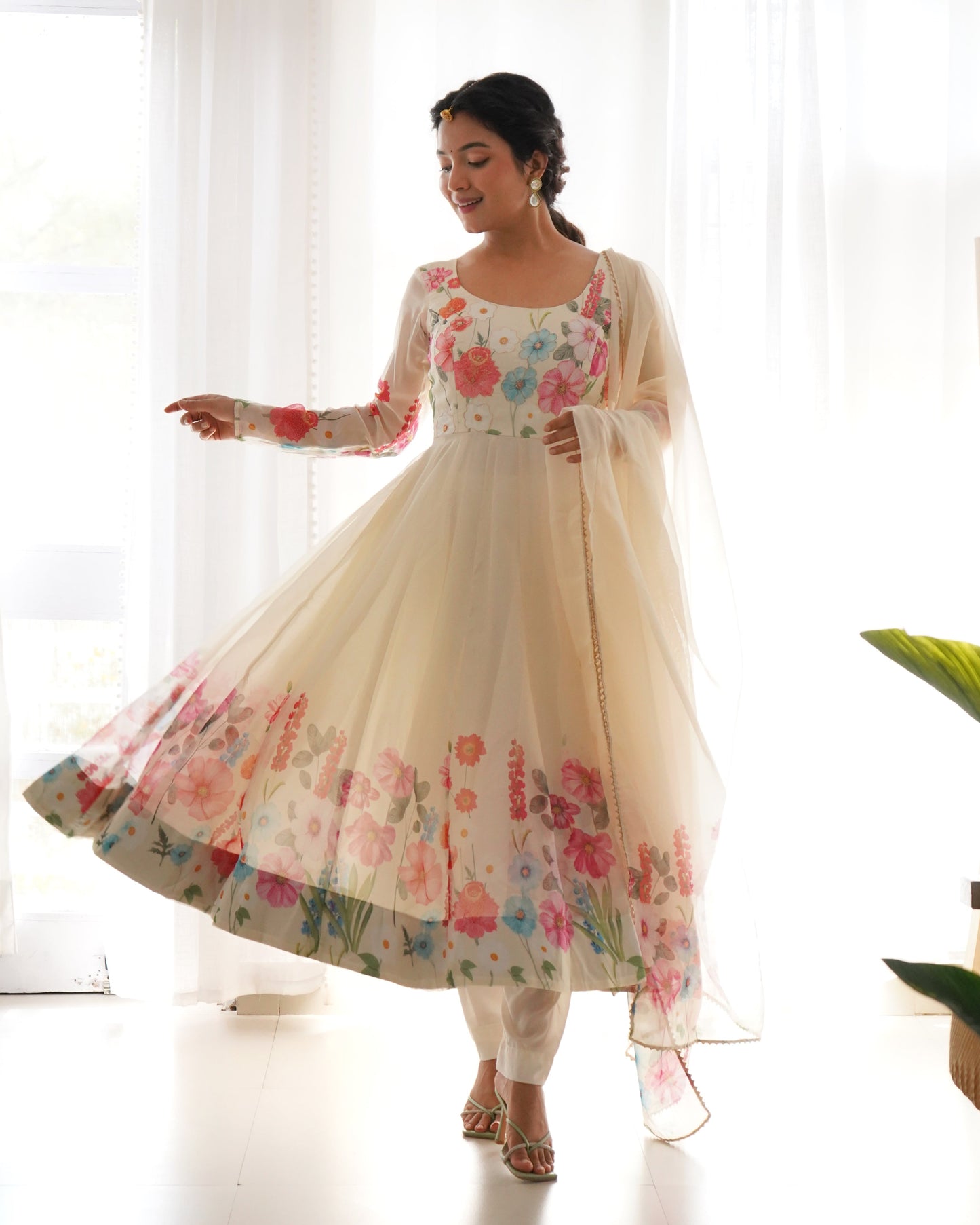 Lehenga Mart Designer Anarkali Suit With Kurta Pant Dupatta For Women-Cream