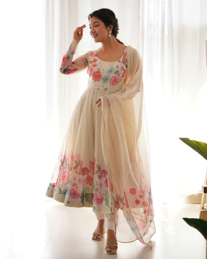 Lehenga Mart Designer Anarkali Suit With Kurta Pant Dupatta For Women-Cream
