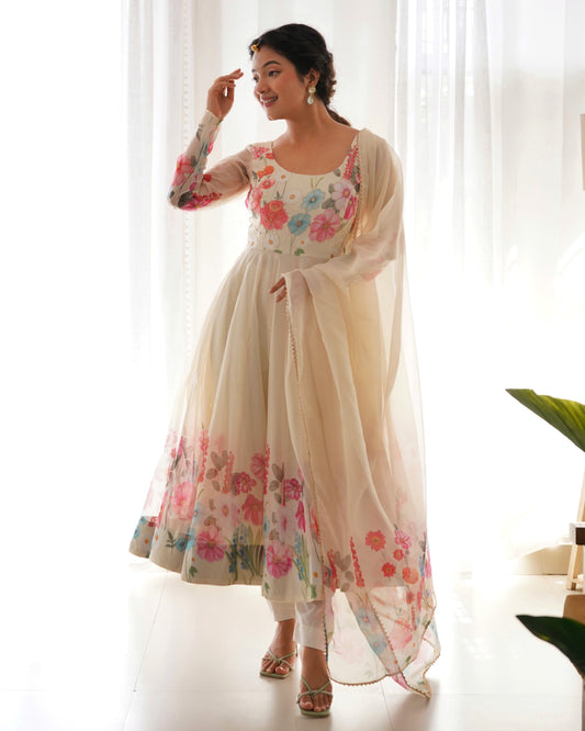Lehenga Mart Designer Anarkali Suit With Kurta Pant Dupatta For Women-Cream