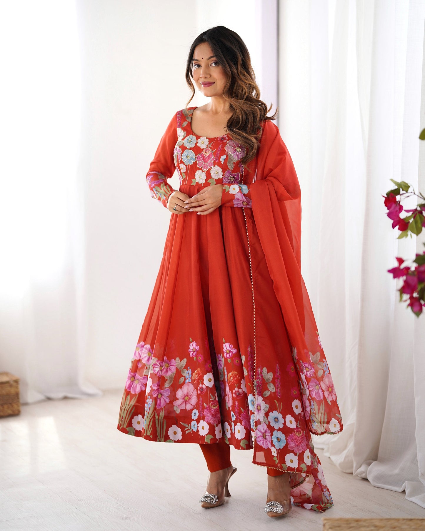 Lehenga Mart Designer Anarkali Suit With Kurta Pant Dupatta For Women-Rust