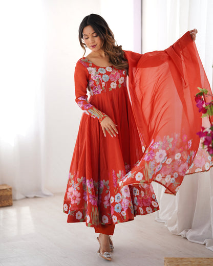 Lehenga Mart Designer Anarkali Suit With Kurta Pant Dupatta For Women-Rust