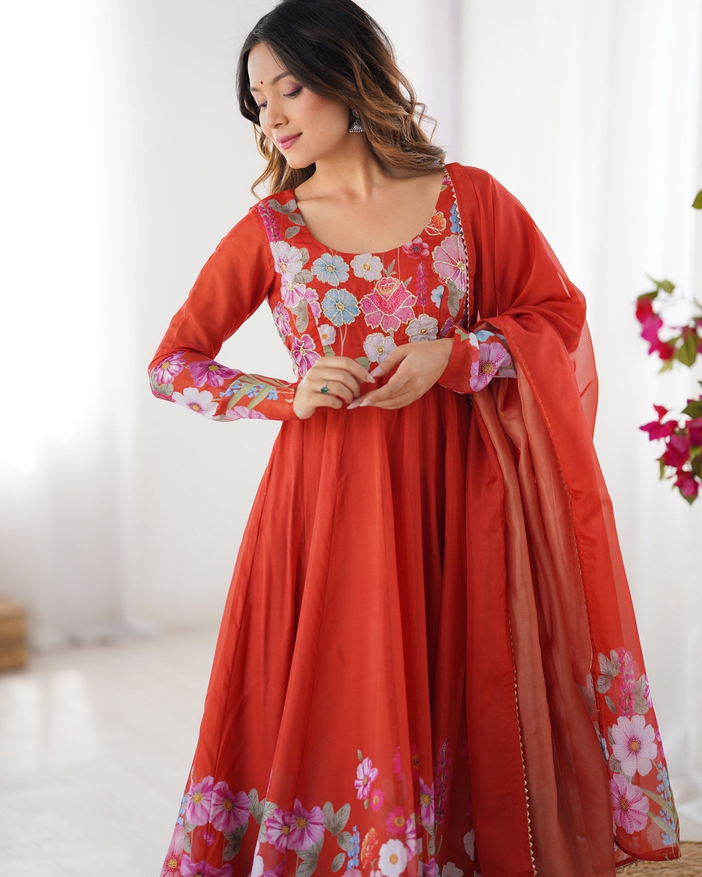 Lehenga Mart Designer Anarkali Suit With Kurta Pant Dupatta For Women-Rust