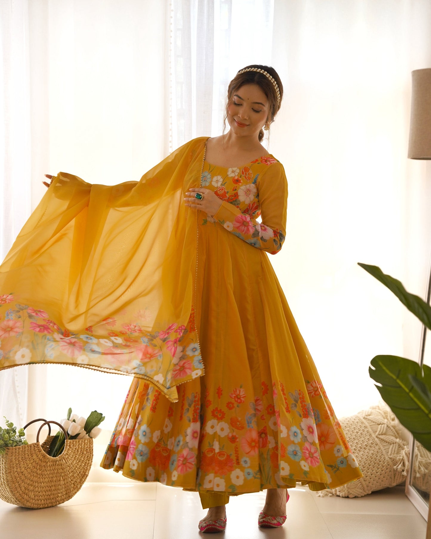 Lehenga Mart Designer Anarkali Suit With Kurta Pant Dupatta For Women-Yellow