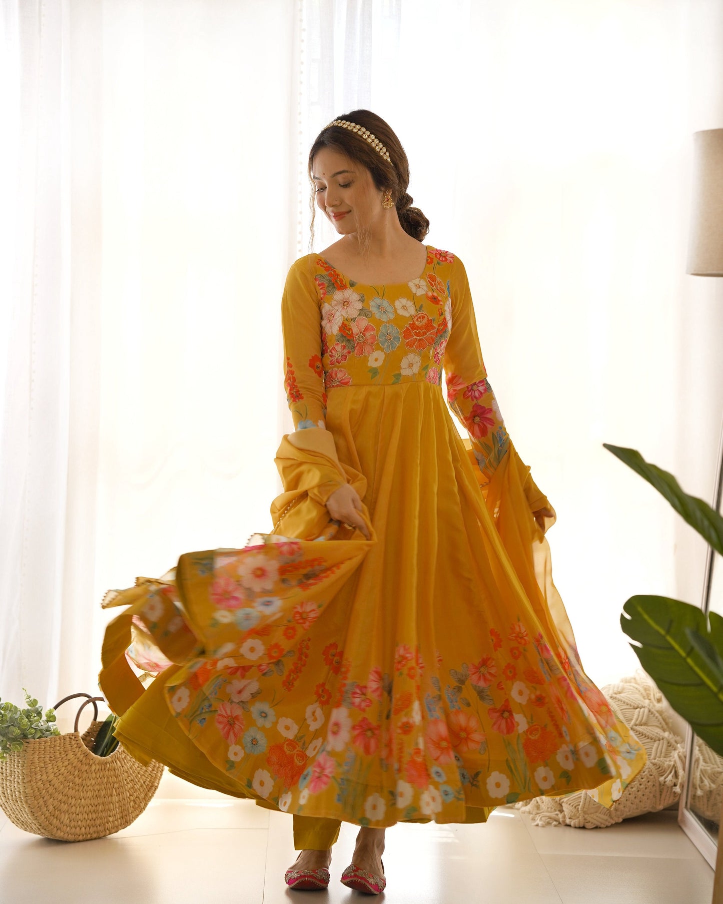 Lehenga Mart Designer Anarkali Suit With Kurta Pant Dupatta For Women-Yellow