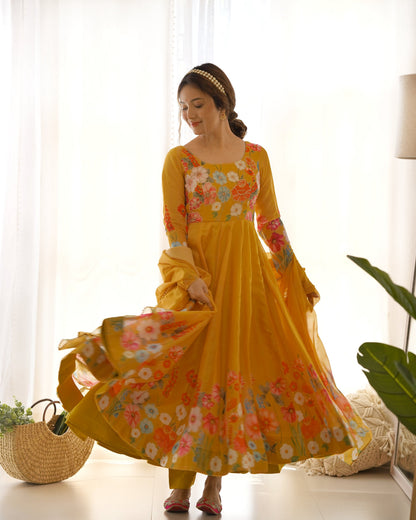 Lehenga Mart Designer Anarkali Suit With Kurta Pant Dupatta For Women-Yellow