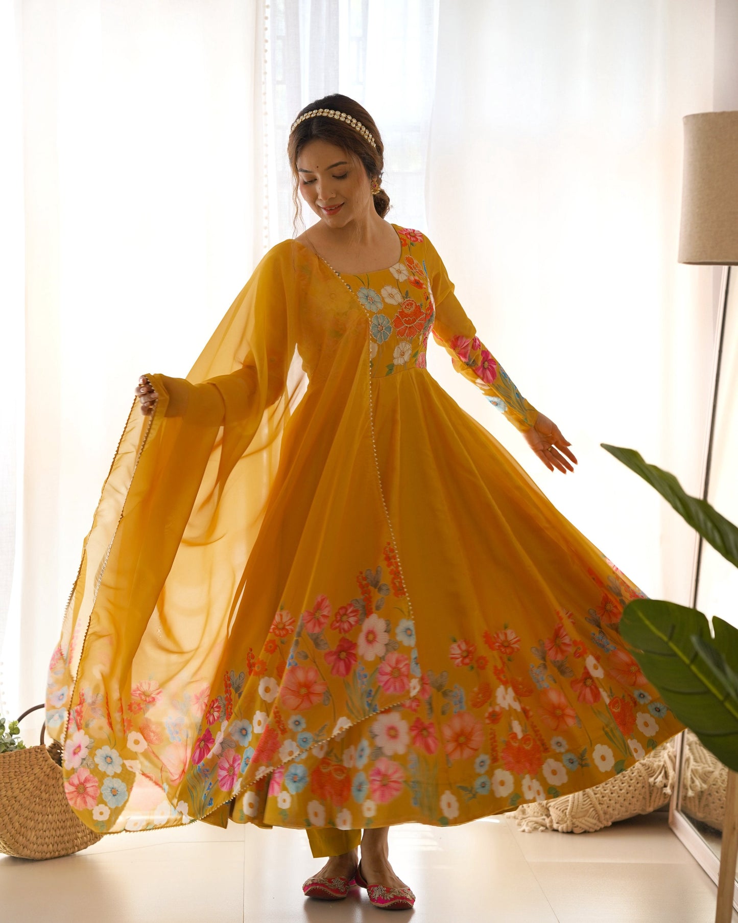 Lehenga Mart Designer Anarkali Suit With Kurta Pant Dupatta For Women-Yellow