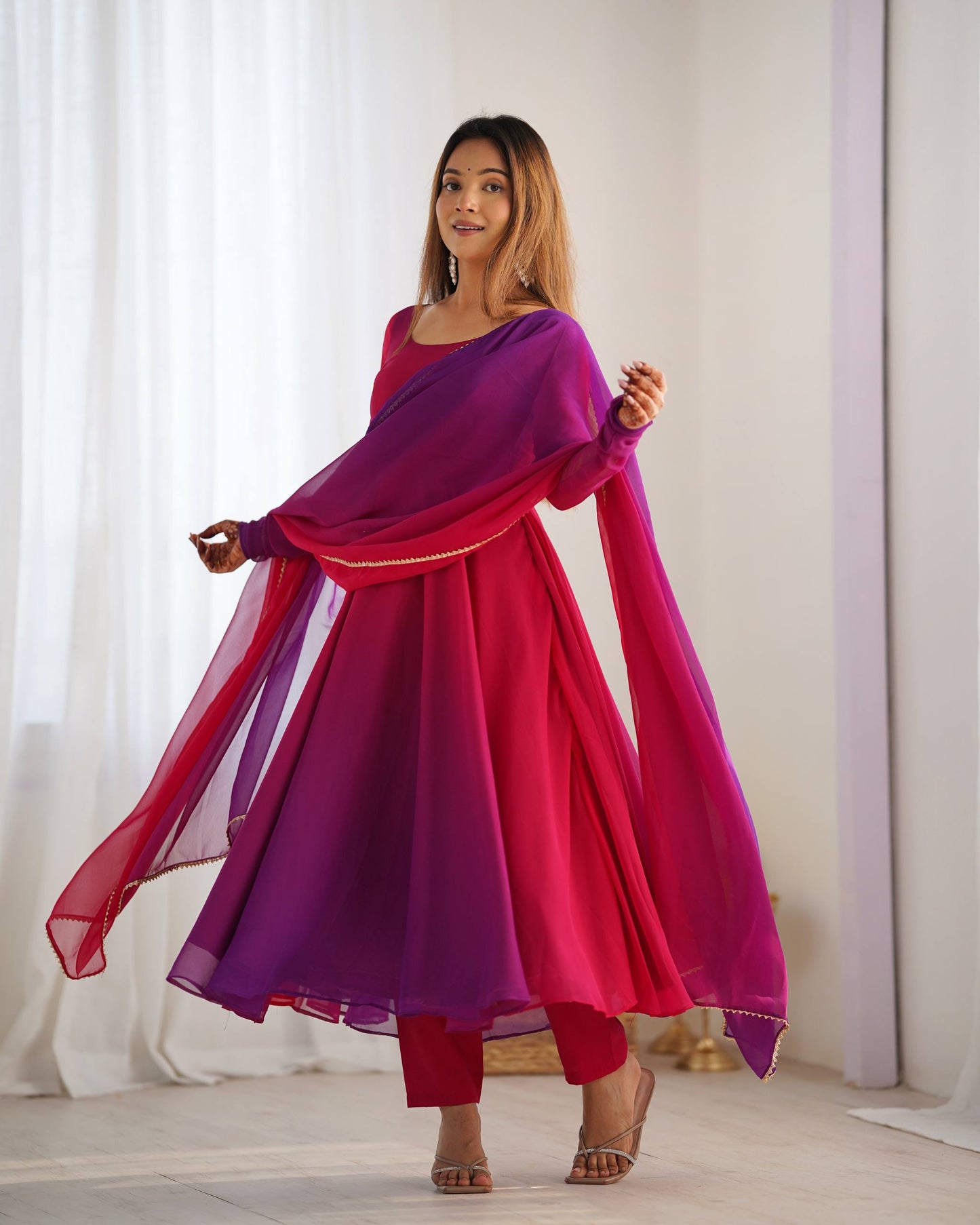 Lehenga Mart Designer Anarkali Suit With Kurta Pant Dupatta For Women-Dark Pink