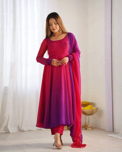 Lehenga Mart Designer Anarkali Suit With Kurta Pant Dupatta For Women-Dark Pink