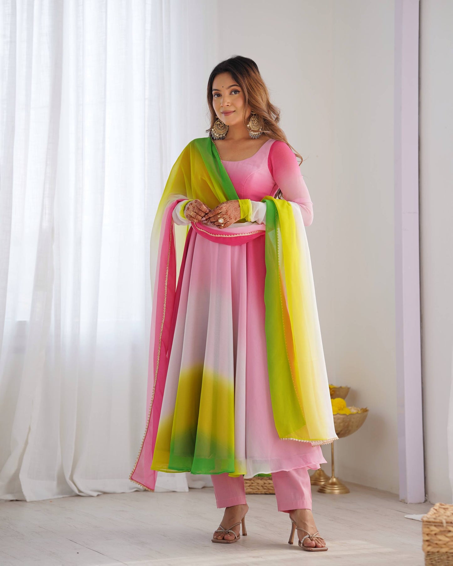 Lehenga Mart Designer Anarkali Suit With Kurta Pant Dupatta For Women-Multicolor