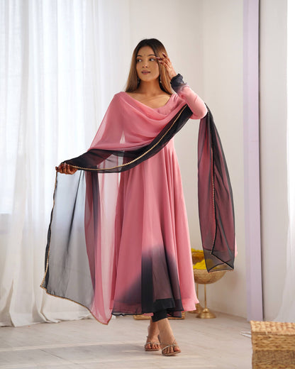 Lehenga Mart Designer Anarkali Suit With Kurta Pant Dupatta For Women-Onion Pink