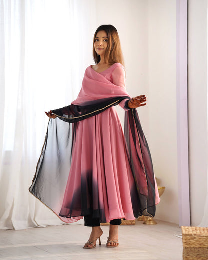 Lehenga Mart Designer Anarkali Suit With Kurta Pant Dupatta For Women-Onion Pink