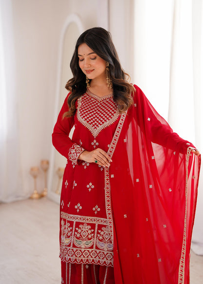 Lehenga Mart Designer Sharara Suit With Kurta Sharara Dupatta For Women-Red