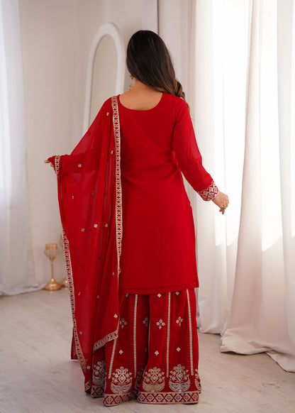 Lehenga Mart Designer Sharara Suit With Kurta Sharara Dupatta For Women-Red