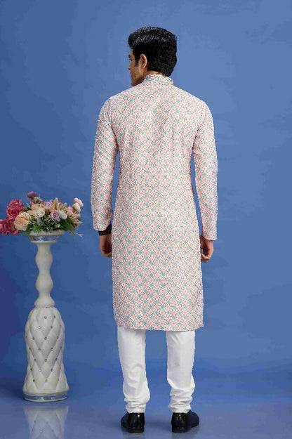 Raivat Ethnic Cotton Embroidery Kurta Pajama In Peach Colour