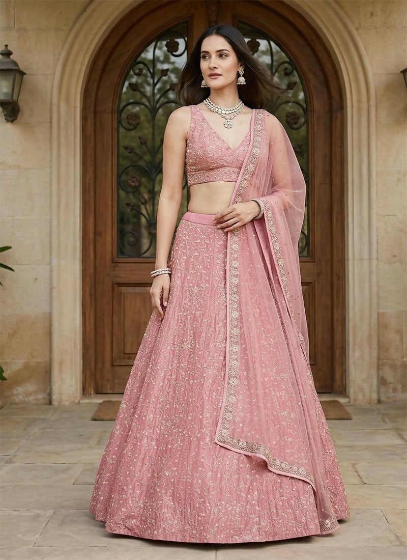 Lehenga Mart Pink Peach Malai Satin Silk Designer Bollywood Style Wedding Wear Lehenga Choli