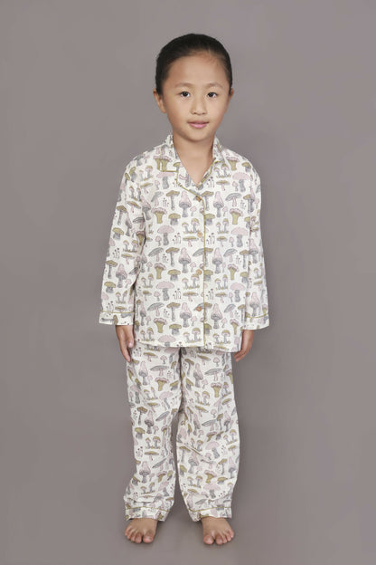 Breathables Kids Cotton White Mushroom Print Shirt & Pyjama Boys & Girls Night Suit