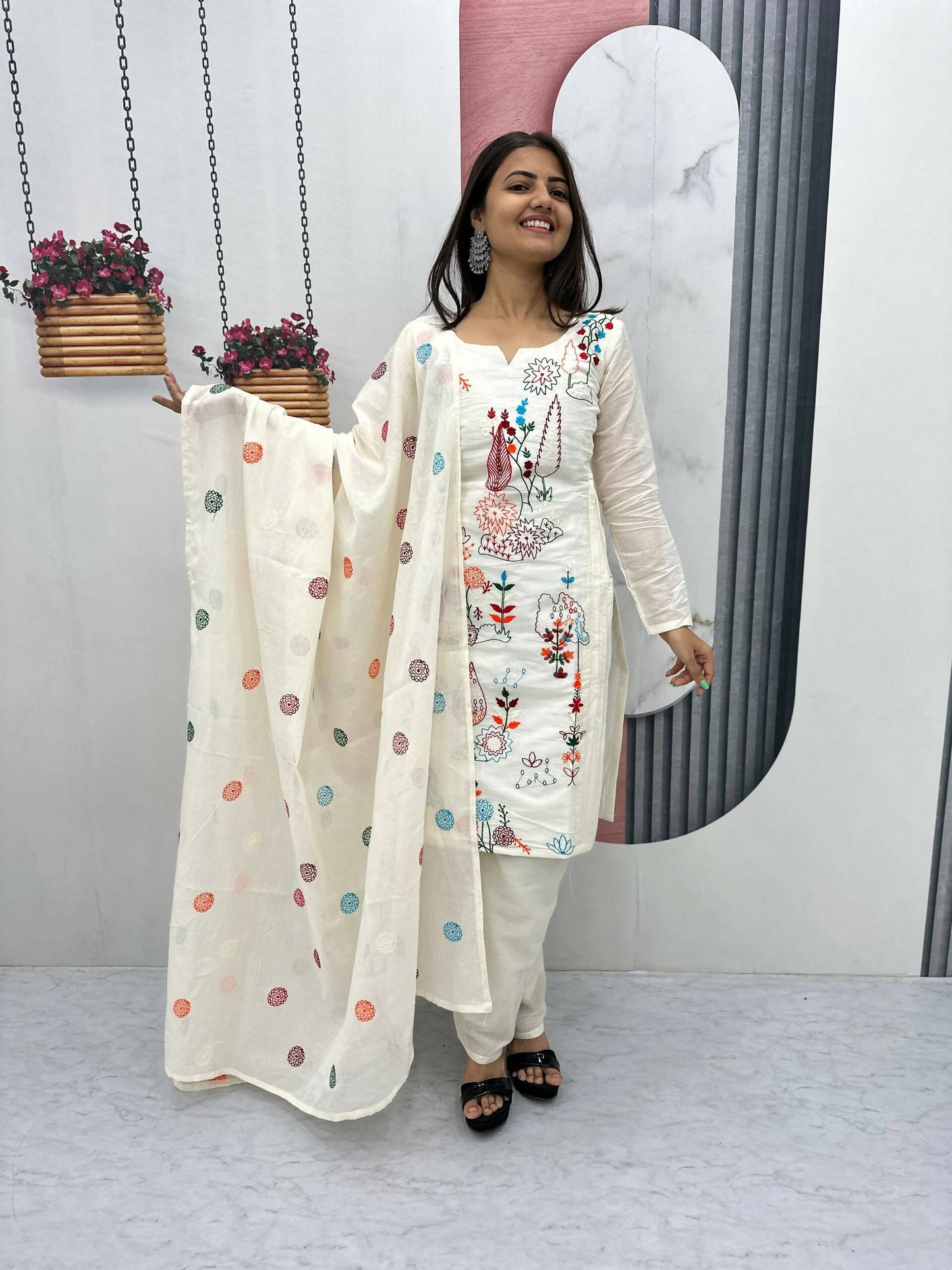 Teeya Creation Womens New Khadi Cotton Heavy Embroidery Thread Work Cream Kurta Set
