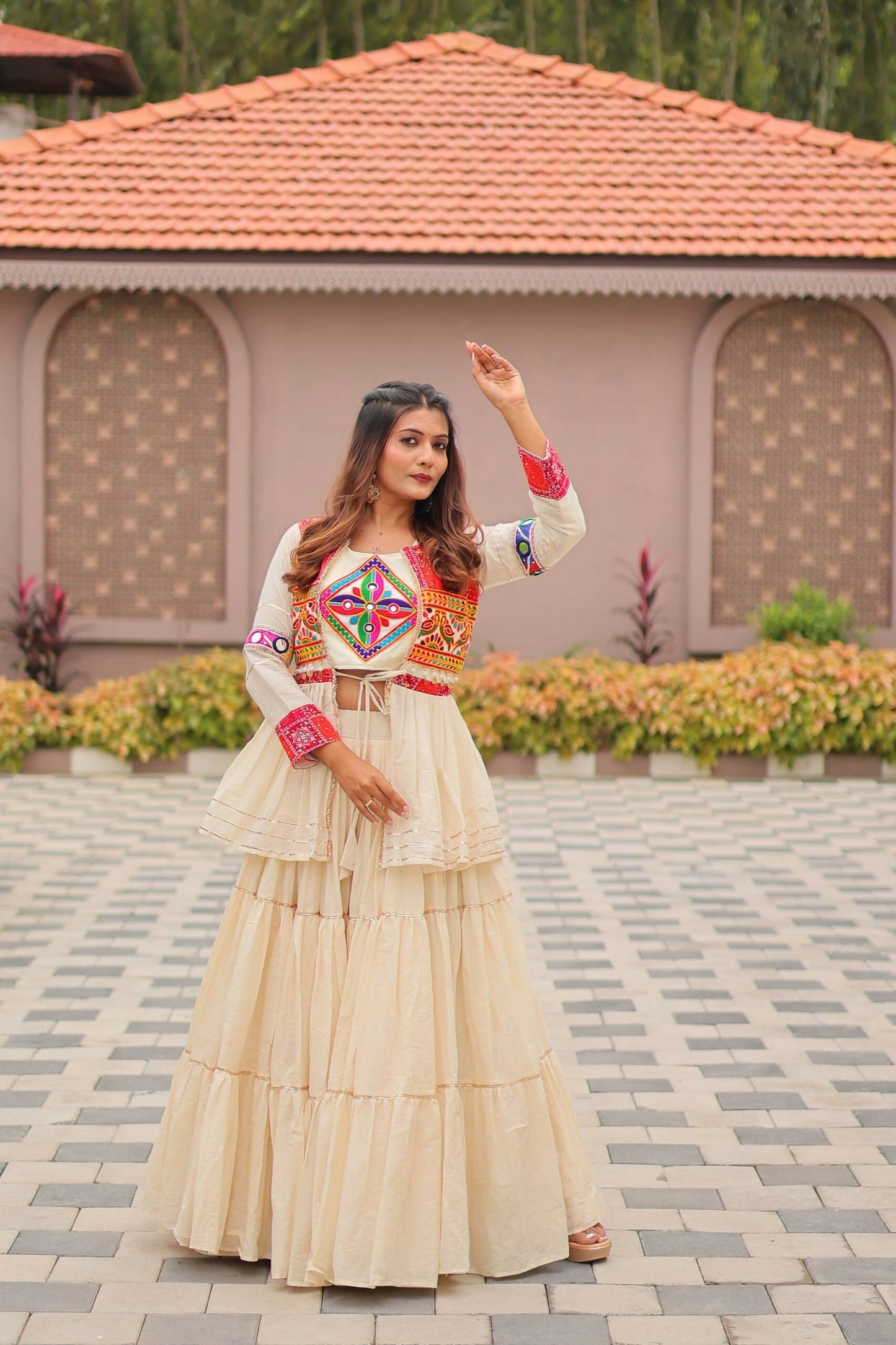 Teeya Creation Womens New Stylish Heavy Gamthi Work With Mirror Lace Work Cream Gown Set