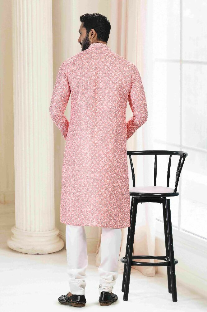 Raivat Ethnic Cotton Thread Work Kurta Pajama In Orange Colour
