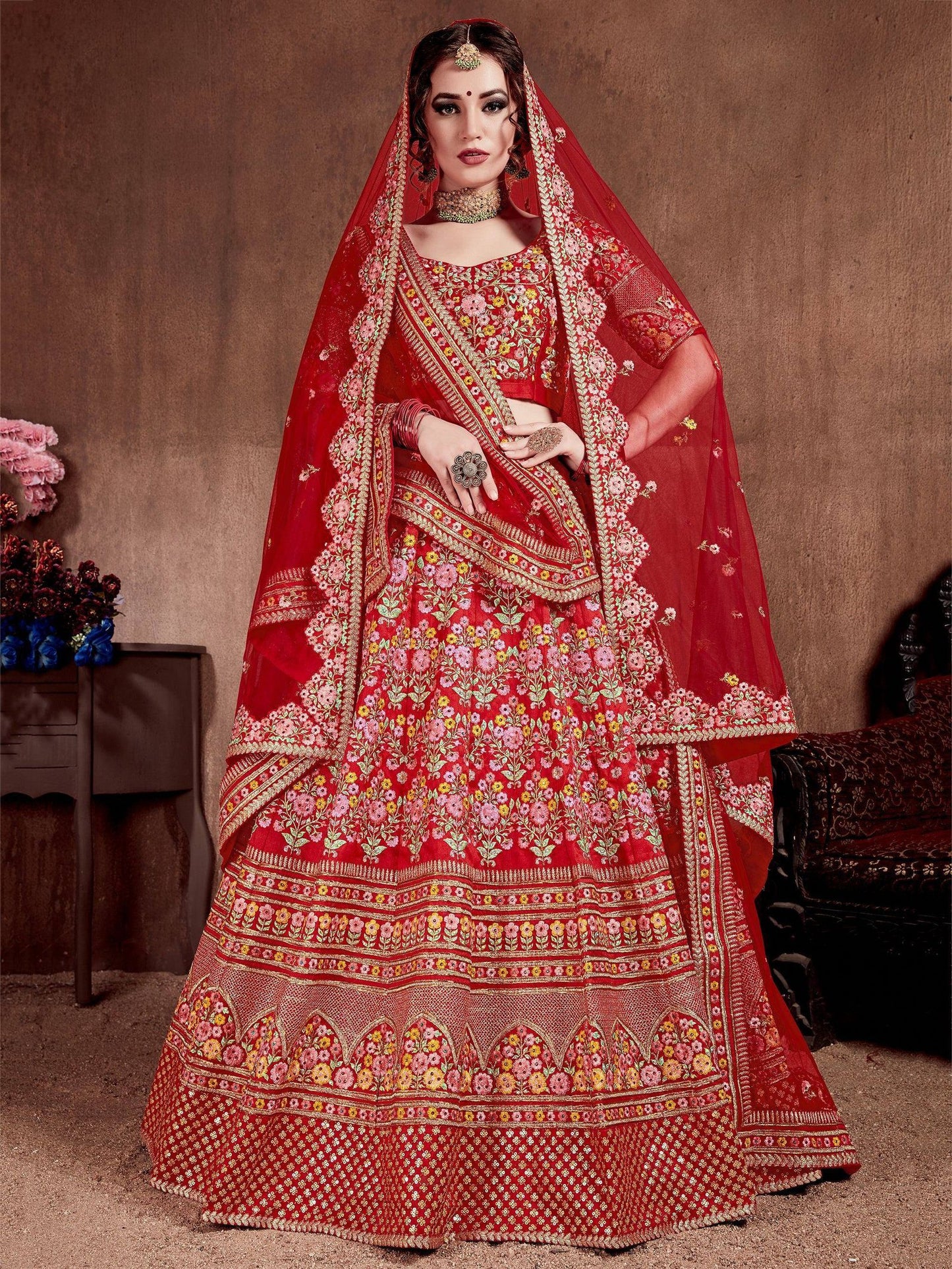 Tulsi Art Red Embroidered Art Silk Bridal Lehenga Choli With Two Dupattas