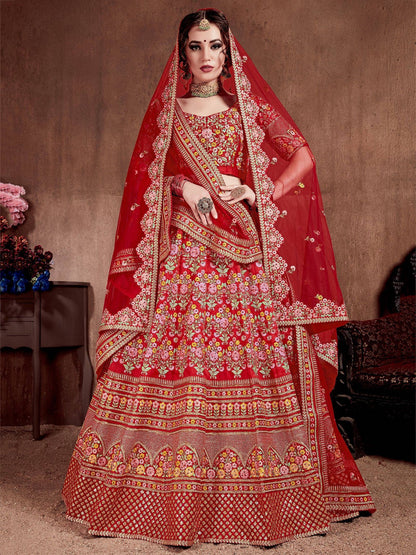 Tulsi Art Red Embroidered Art Silk Bridal Lehenga Choli With Two Dupattas