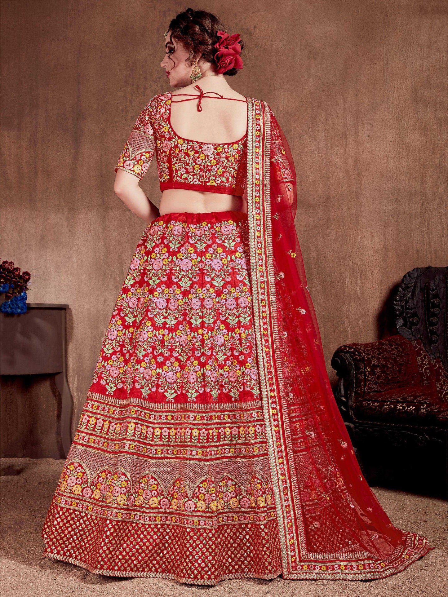 Tulsi Art Red Embroidered Art Silk Bridal Lehenga Choli With Two Dupattas