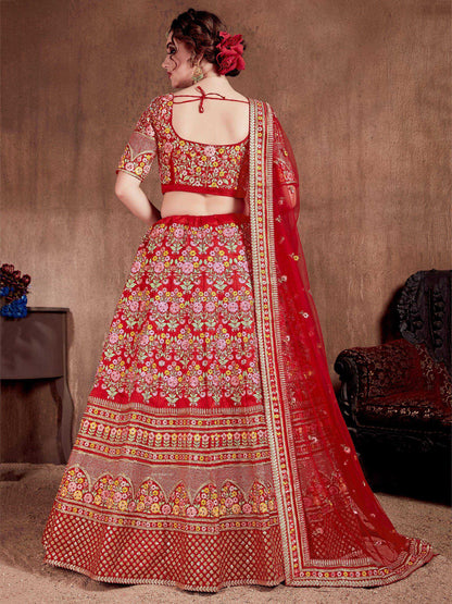 Tulsi Art Red Embroidered Art Silk Bridal Lehenga Choli With Two Dupattas