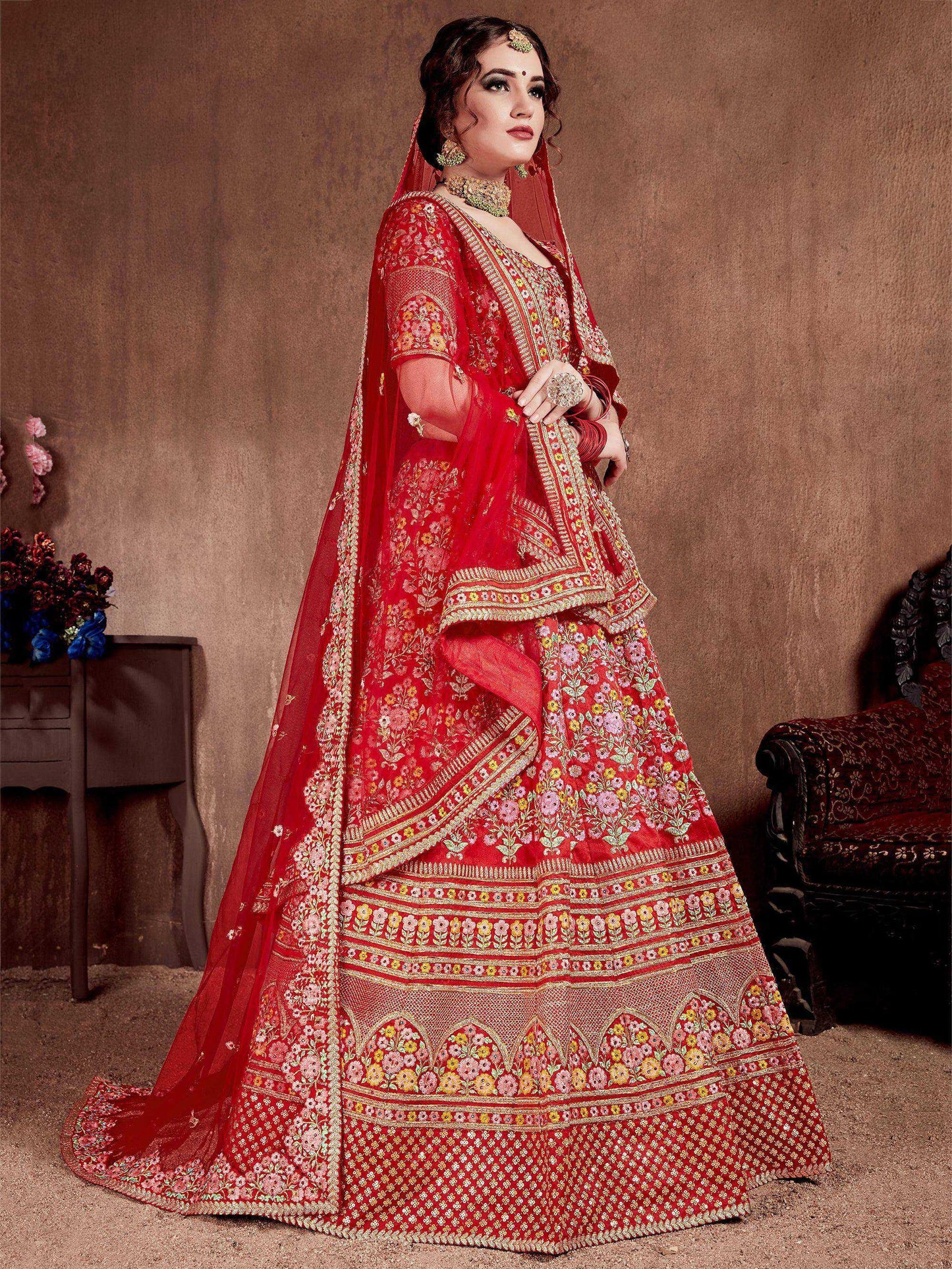 Tulsi Art Red Embroidered Art Silk Bridal Lehenga Choli With Two Dupattas