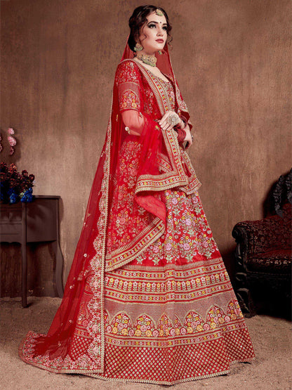 Tulsi Art Red Embroidered Art Silk Bridal Lehenga Choli With Two Dupattas