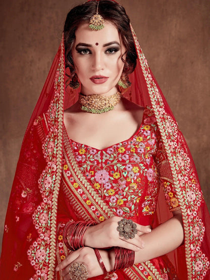 Tulsi Art Red Embroidered Art Silk Bridal Lehenga Choli With Two Dupattas