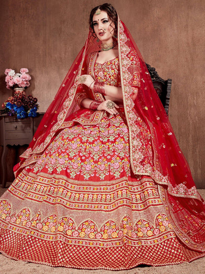 Tulsi Art Red Embroidered Art Silk Bridal Lehenga Choli With Two Dupattas