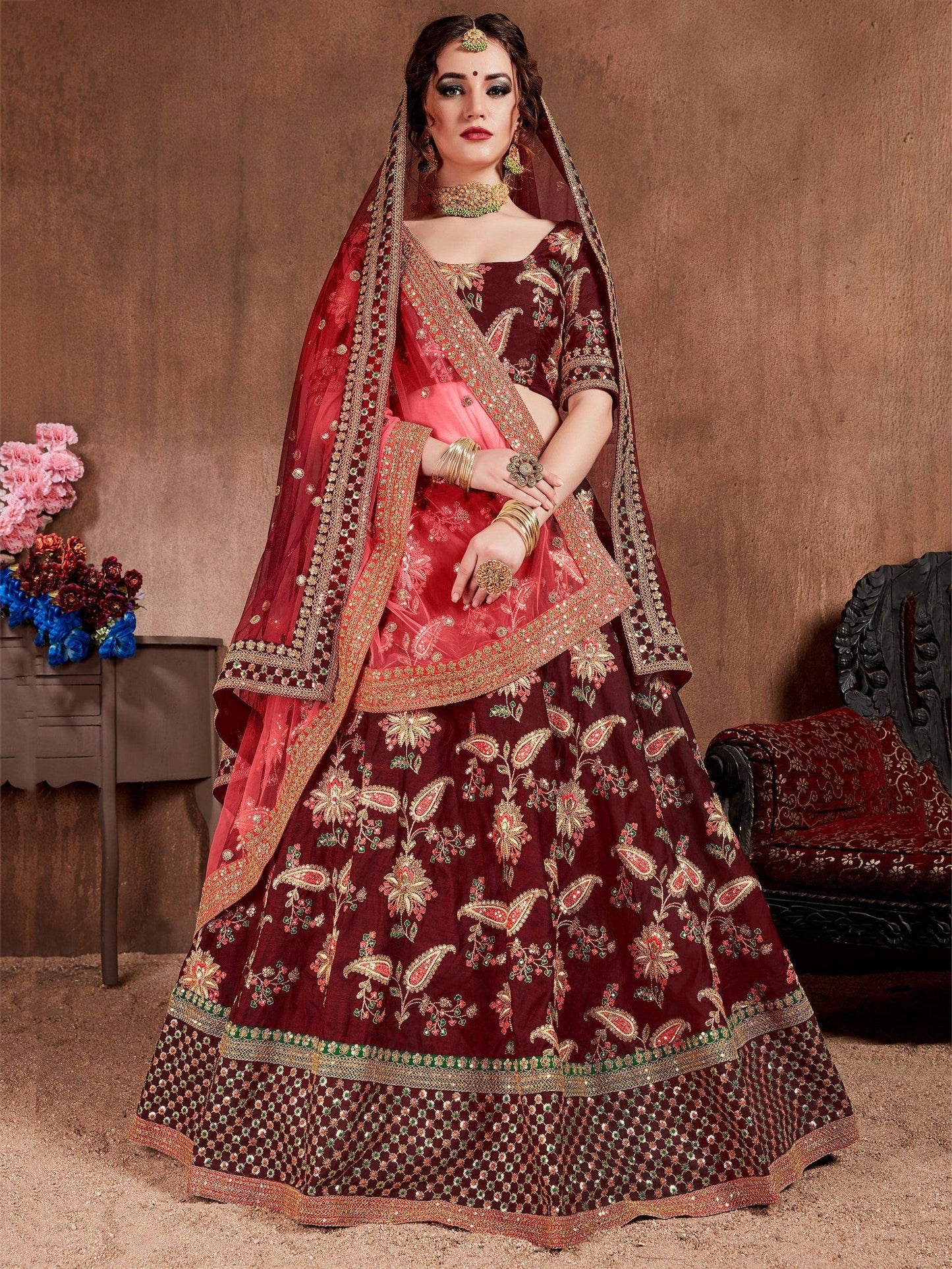 Tulsi Art Maroon Embroidered Taffeta Bridal Wear Lehenga Choli