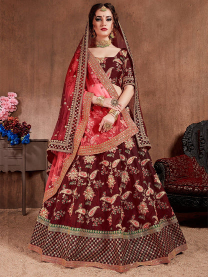 Tulsi Art Maroon Embroidered Taffeta Bridal Wear Lehenga Choli