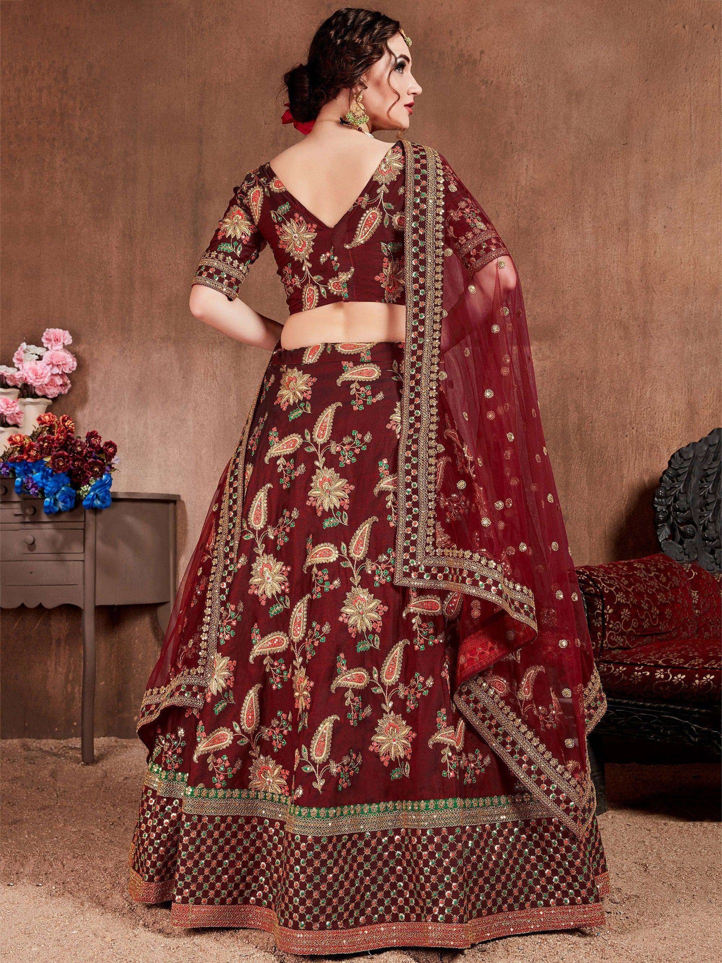 Tulsi Art Maroon Embroidered Taffeta Bridal Wear Lehenga Choli
