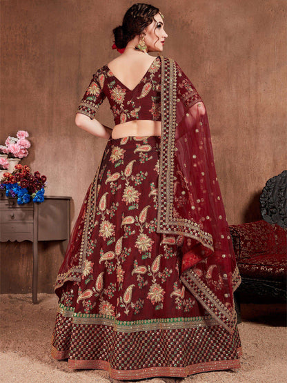 Tulsi Art Maroon Embroidered Taffeta Bridal Wear Lehenga Choli