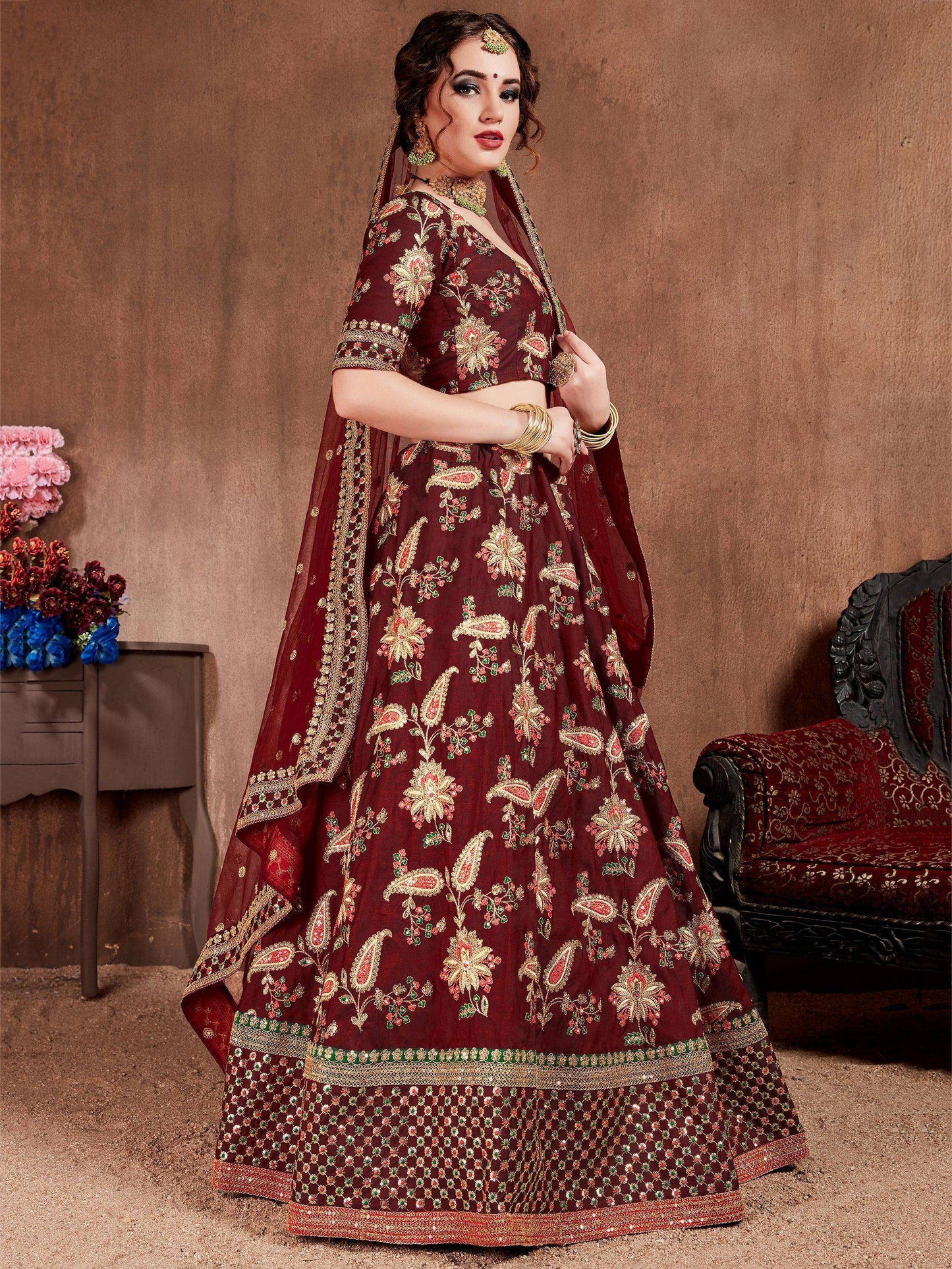 Tulsi Art Maroon Embroidered Taffeta Bridal Wear Lehenga Choli