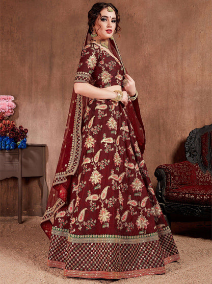 Tulsi Art Maroon Embroidered Taffeta Bridal Wear Lehenga Choli