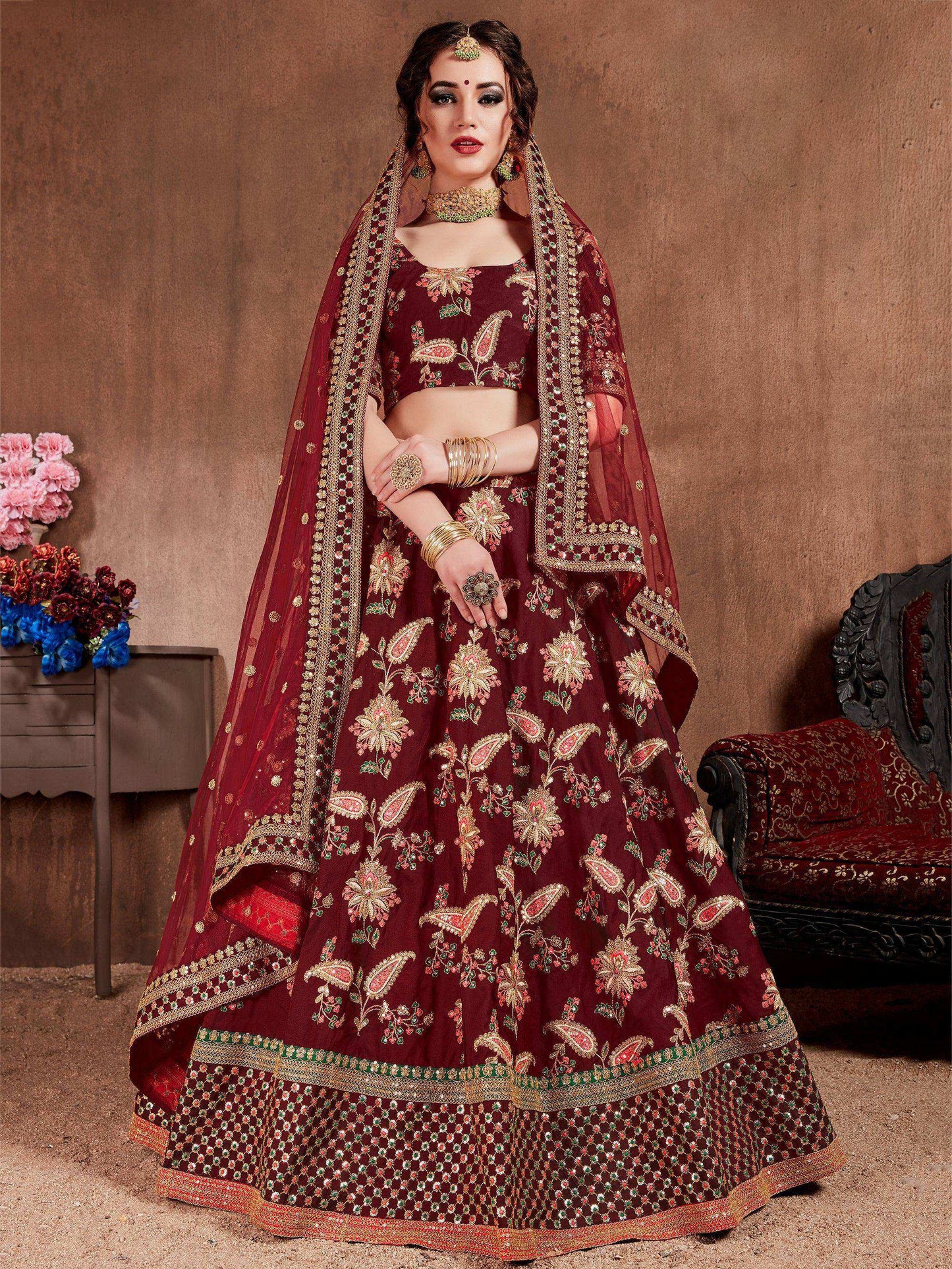 Tulsi Art Maroon Embroidered Taffeta Bridal Wear Lehenga Choli