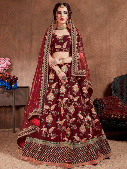Tulsi Art Maroon Embroidered Taffeta Bridal Wear Lehenga Choli