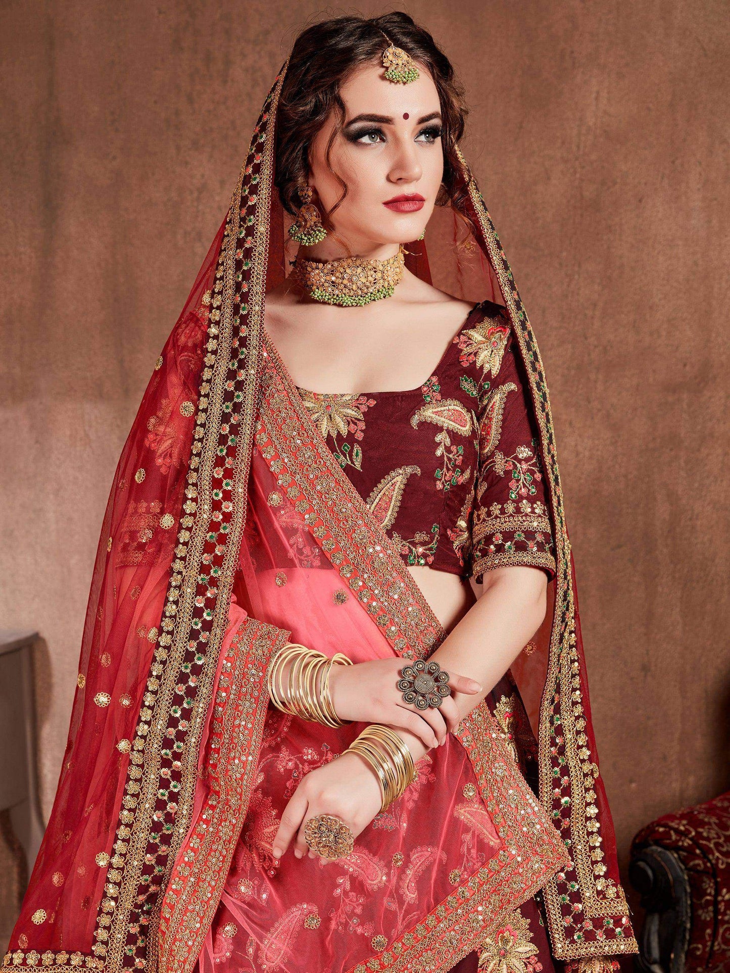 Tulsi Art Maroon Embroidered Taffeta Bridal Wear Lehenga Choli