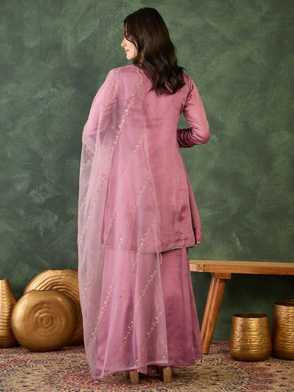 The52 Women's Gorgeous Embroidery Work Viscose Silk Fabric A-line Kurta Sharara and Dupatta Set