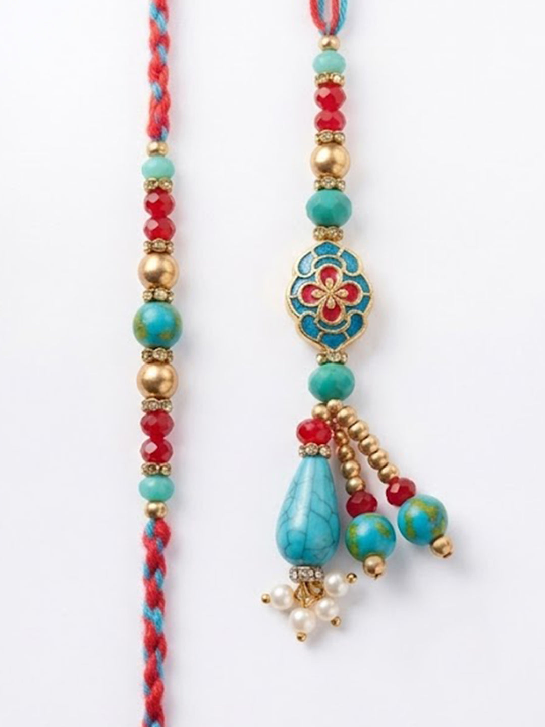 NVR Set of 2 Multicolor Artificial Beads Bhaiya Bhabhi Thread Rakhi With Roli Chawal