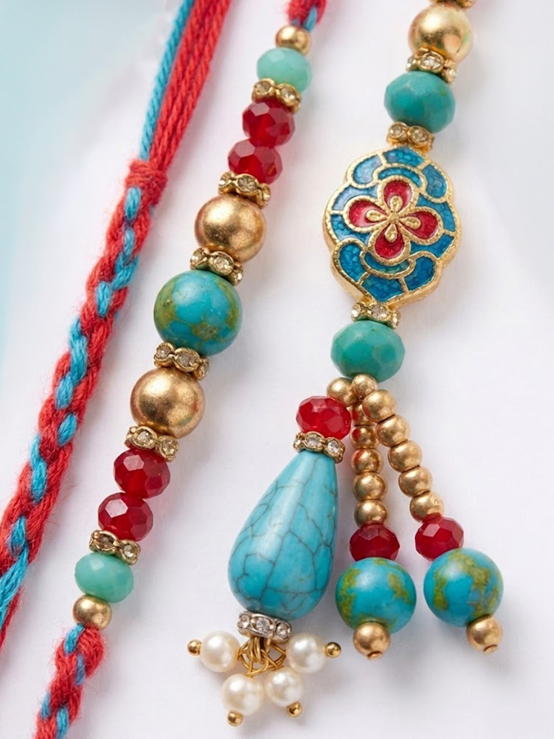 NVR Set of 2 Multicolor Artificial Beads Bhaiya Bhabhi Thread Rakhi With Roli Chawal