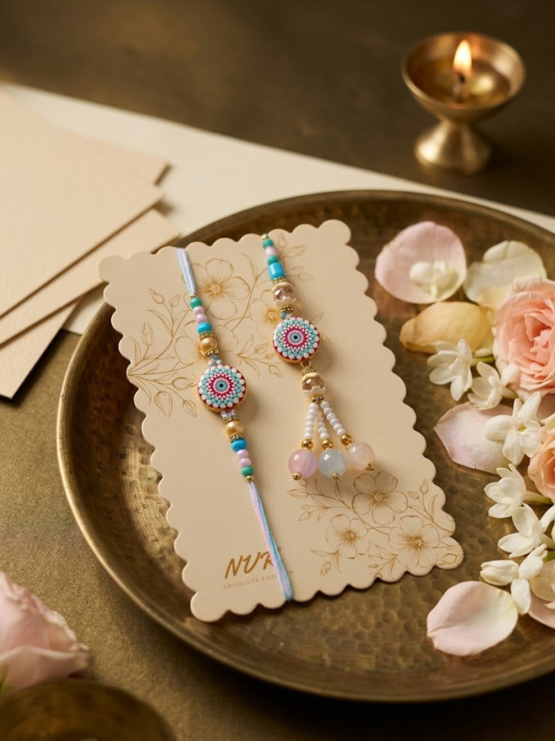 NVR Set of 2 Floral Design Bhaiya Bhabhi Rakhi with Roli Chawal Chandan Mishri