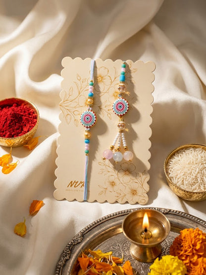NVR Set of 2 Floral Design Bhaiya Bhabhi Rakhi with Roli Chawal Chandan Mishri