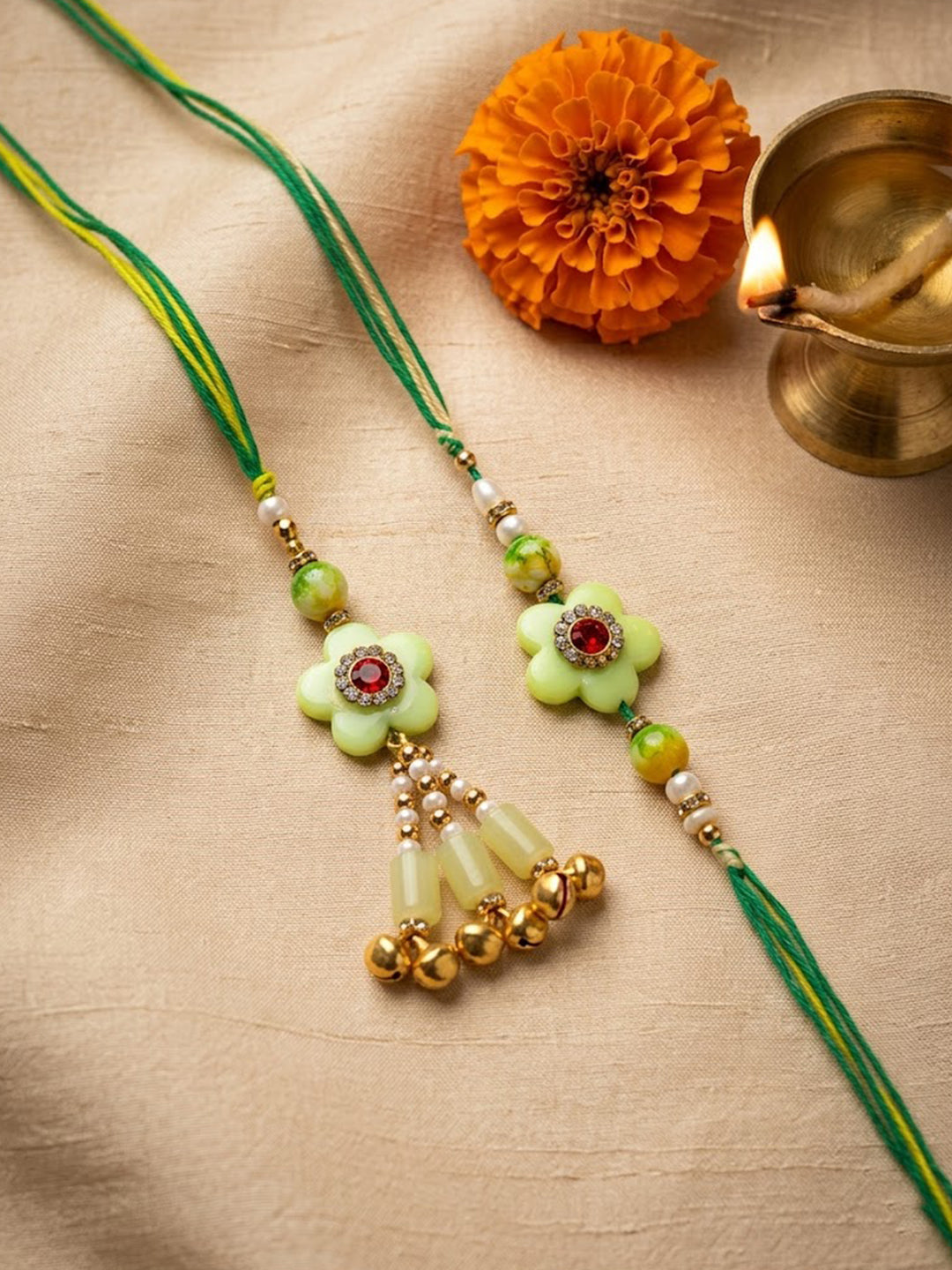 NVR Set of 2 Flower Shape Artificial Stones & Beads Bhaiya Bhabhi Rakhi With Roli Chawal