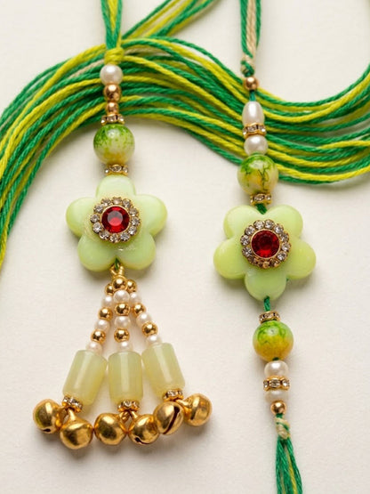 NVR Set of 2 Flower Shape Artificial Stones & Beads Bhaiya Bhabhi Rakhi With Roli Chawal