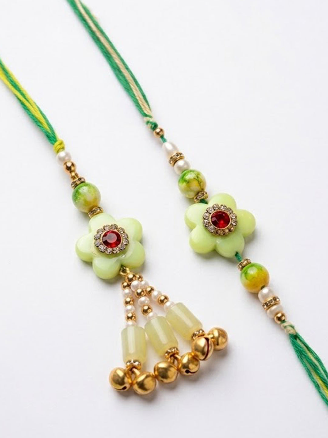 NVR Set of 2 Flower Shape Artificial Stones & Beads Bhaiya Bhabhi Rakhi With Roli Chawal